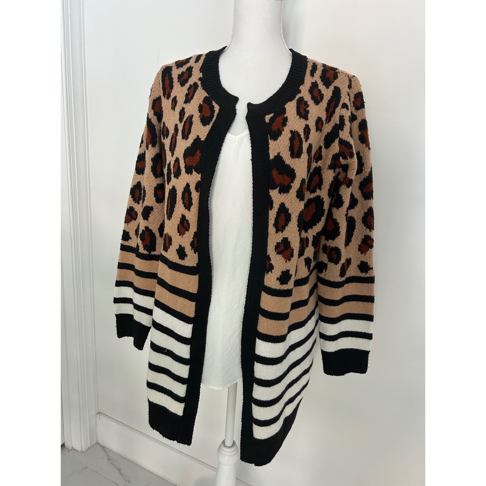 Mixed-Media Womens Leopard Print Striped Open Front Longline Cardigan Brown M